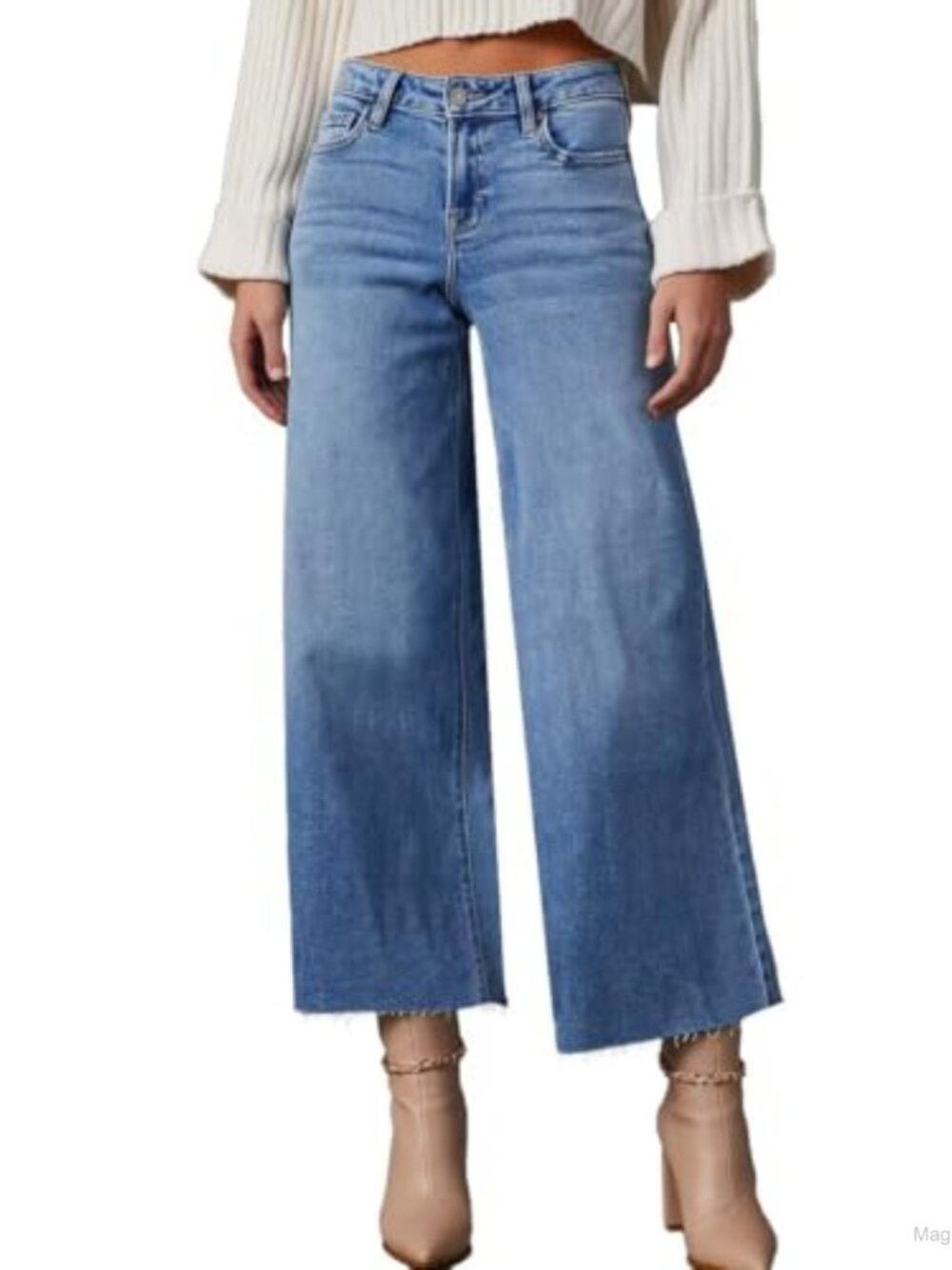 High Waisted Wide Leg Ripped Capri Jeans with Raw Hem - Stretch Denim 5 Pocket